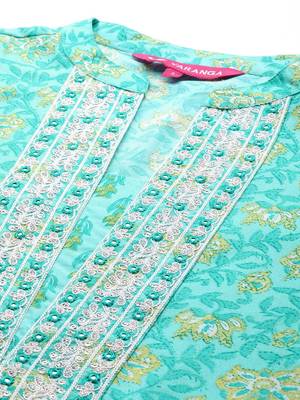Floral Printed Mirror Work Pure Cotton Kurta with Trousers & Dupatta 3