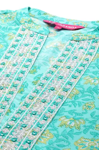 Floral Printed Mirror Work Pure Cotton Kurta with Trousers & Dupatta