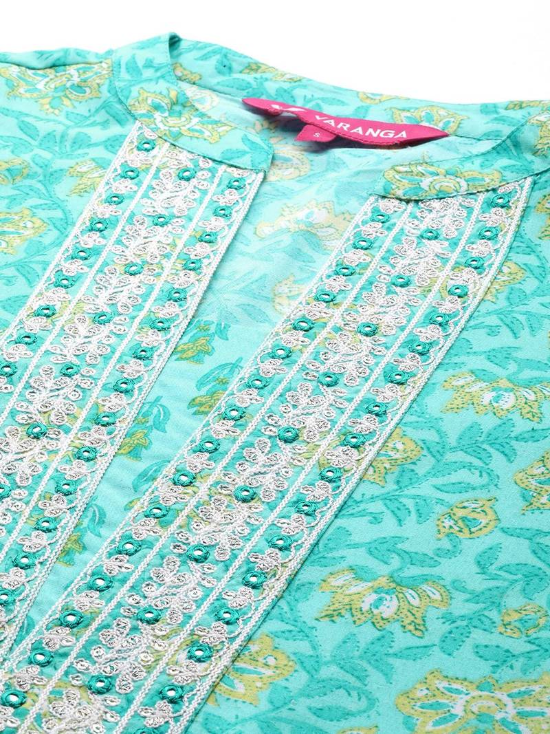 Floral Printed Mirror Work Pure Cotton Kurta with Trousers & Dupatta