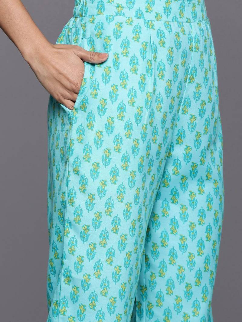 Floral Printed Mirror Work Pure Cotton Kurta with Trousers & Dupatta