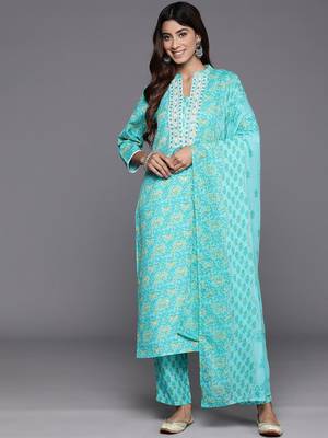 Floral Printed Mirror Work Pure Cotton Kurta with Trousers & Dupatta 1