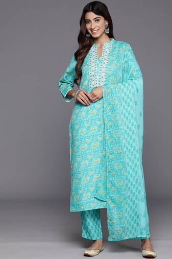 Floral Printed Mirror Work Pure Cotton Kurta with Trousers & Dupatta