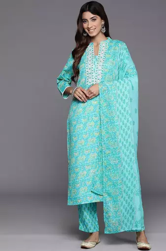 Floral Printed Mirror Work Pure Cotton Kurta with Trousers & Dupatta