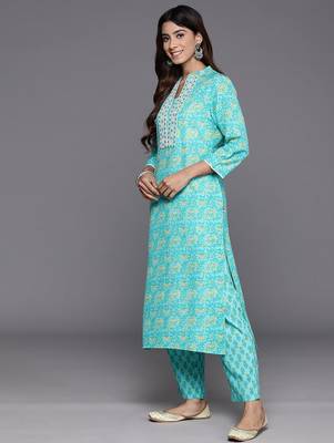 Floral Printed Mirror Work Pure Cotton Kurta with Trousers & Dupatta 6