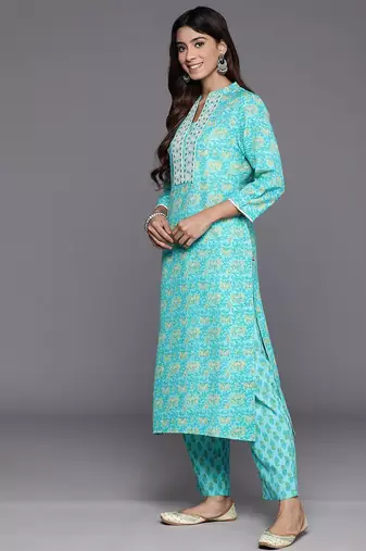 Floral Printed Mirror Work Pure Cotton Kurta with Trousers & Dupatta