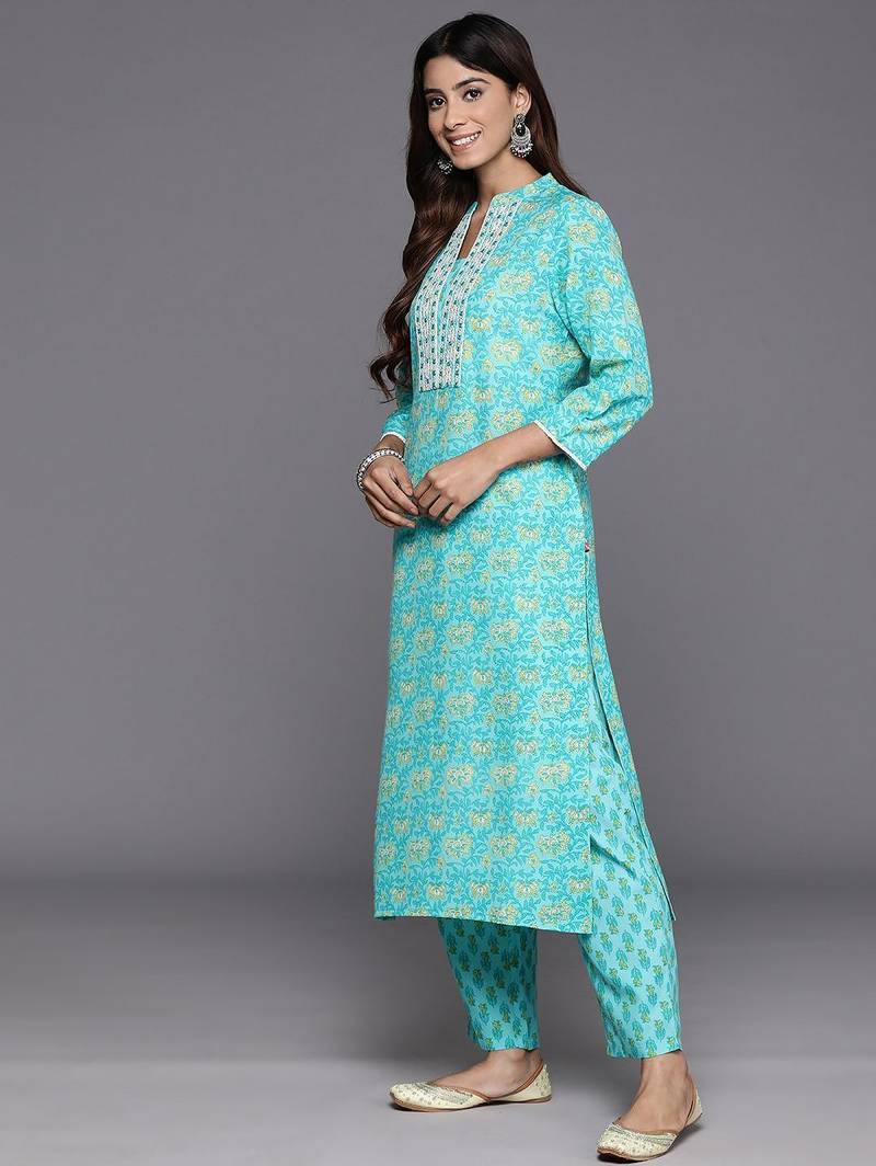 Floral Printed Mirror Work Pure Cotton Kurta with Trousers & Dupatta