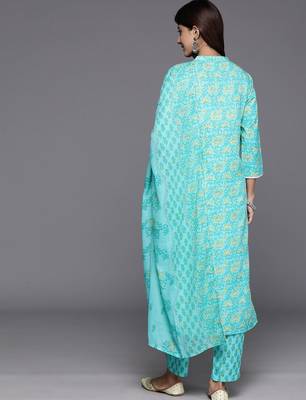 Floral Printed Mirror Work Pure Cotton Kurta with Trousers & Dupatta 7