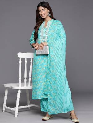 Floral Printed Mirror Work Pure Cotton Kurta with Trousers & Dupatta 8