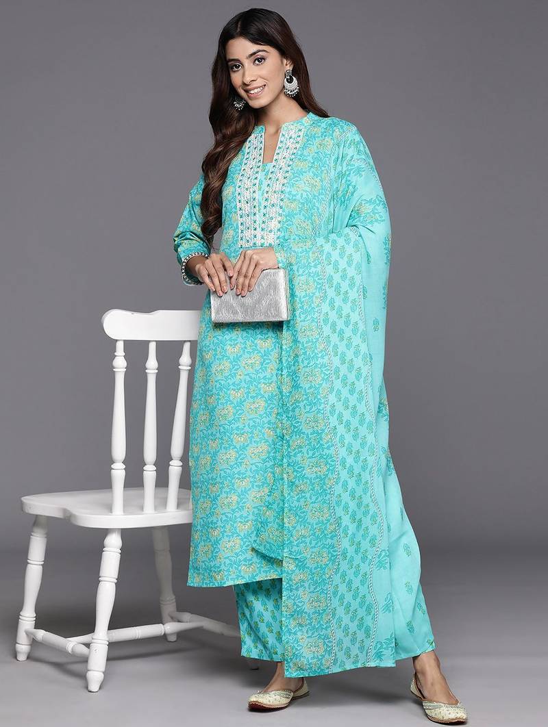 Floral Printed Mirror Work Pure Cotton Kurta with Trousers & Dupatta
