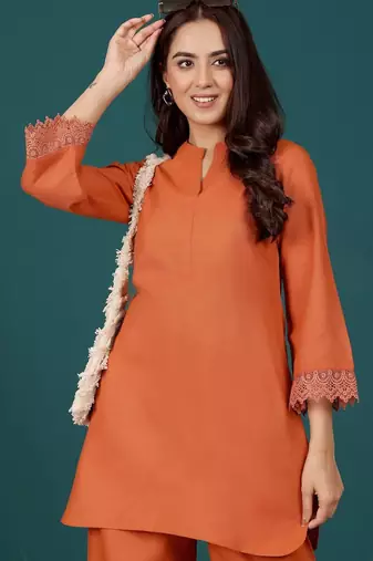 Mandarin Collar Pure Cotton Straight Kurti With Palazzo