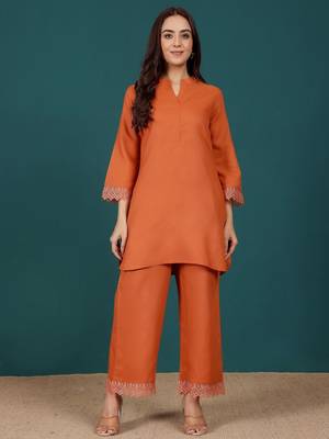 Mandarin Collar Pure Cotton Straight Kurti With Palazzo 4