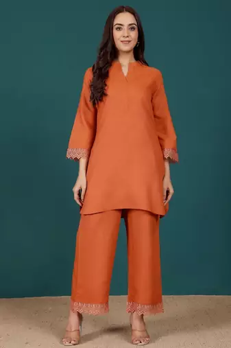 Mandarin Collar Pure Cotton Straight Kurti With Palazzo