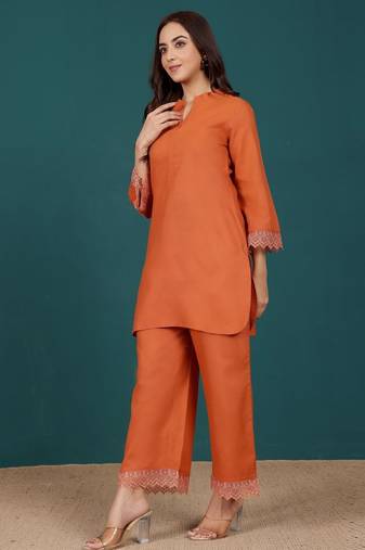 Mandarin Collar Pure Cotton Straight Kurti With Palazzo