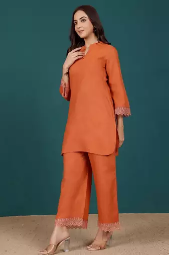 Mandarin Collar Pure Cotton Straight Kurti With Palazzo