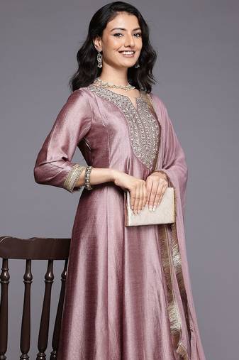 Ethnic Motifs Embroidered Zari Pleated Kurta With Trousers & Dupatta