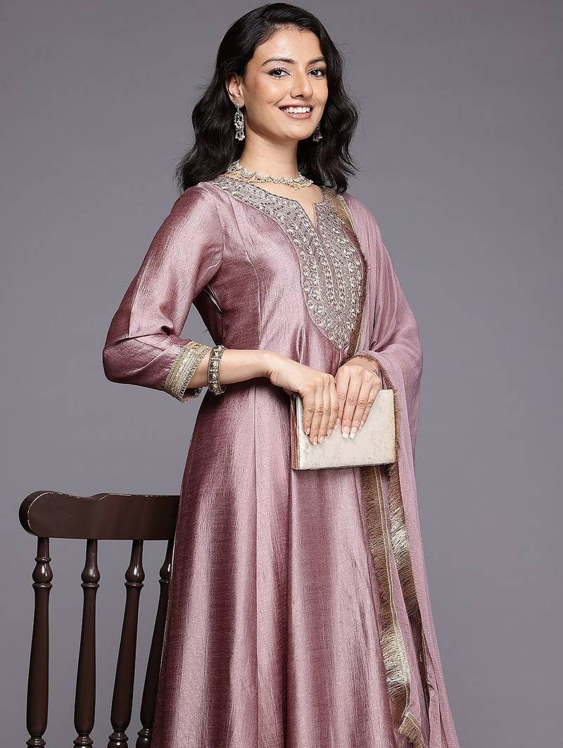 Ethnic Motifs Embroidered Zari Pleated Kurta With Trousers & Dupatta