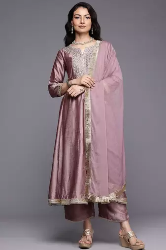 Ethnic Motifs Embroidered Zari Pleated Kurta With Trousers & Dupatta