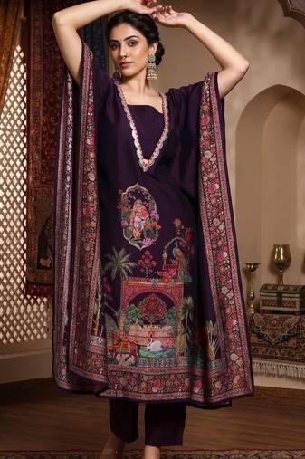 women ethnic motifs printed regular thread work kurta with trousers