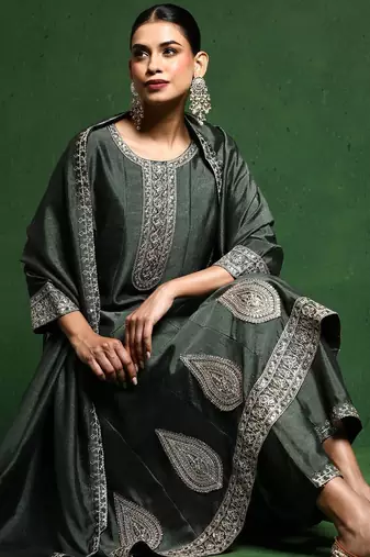 Floral Yoke Design Round Neck A-Line Kurta With Trousers And Dupatta