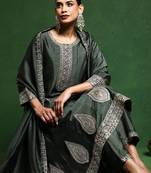 Floral Yoke Design Round Neck A-Line Kurta With Trousers And Dupatta