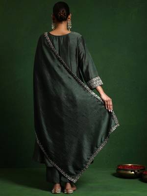 Floral Yoke Design Round Neck A-Line Kurta With Trousers And Dupatta 2