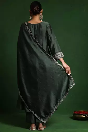 Floral Yoke Design Round Neck A-Line Kurta With Trousers And Dupatta