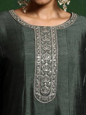 Floral Yoke Design Round Neck A-Line Kurta With Trousers And Dupatta 3