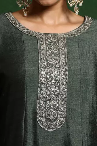 Floral Yoke Design Round Neck A-Line Kurta With Trousers And Dupatta