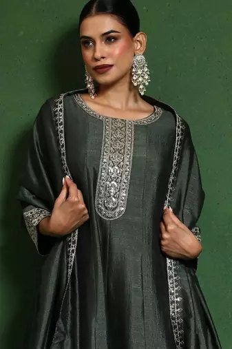 Floral Yoke Design Round Neck A-Line Kurta With Trousers And Dupatta