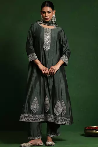 Floral Yoke Design Round Neck A-Line Kurta With Trousers And Dupatta