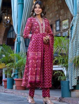 Ethnic Motifs Printed Mirror Work Pure Cotton Kurta with Trousers & Dupatta 1