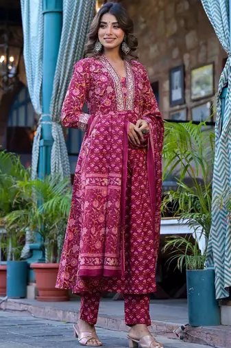 Ethnic Motifs Printed Mirror Work Pure Cotton Kurta with Trousers & Dupatta