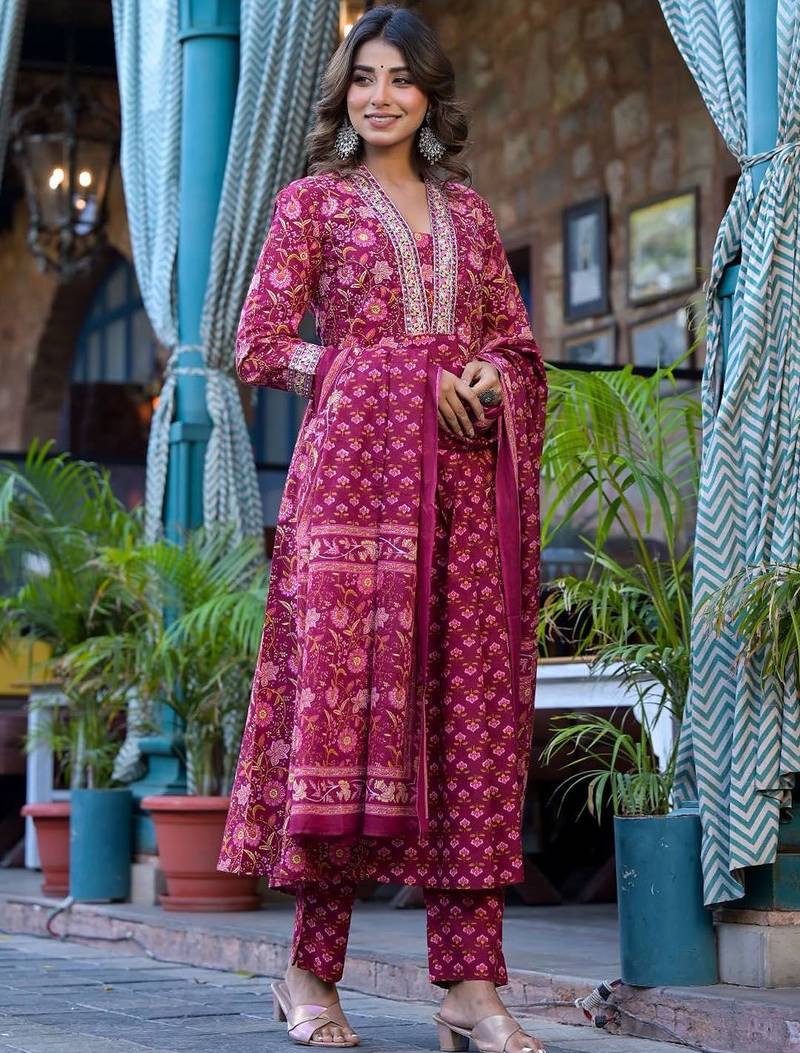 Ethnic Motifs Printed Mirror Work Pure Cotton Kurta with Trousers & Dupatta