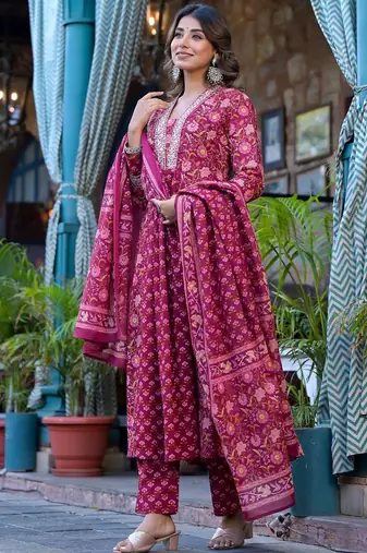 Ethnic Motifs Printed Mirror Work Pure Cotton Kurta with Trousers & Dupatta