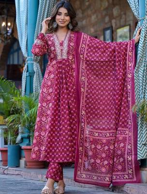 Ethnic Motifs Printed Mirror Work Pure Cotton Kurta with Trousers & Dupatta 5