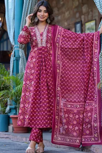 Ethnic Motifs Printed Mirror Work Pure Cotton Kurta with Trousers & Dupatta