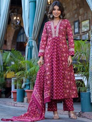 Ethnic Motifs Printed Mirror Work Pure Cotton Kurta with Trousers & Dupatta 6