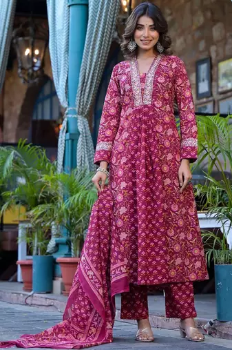 Ethnic Motifs Printed Mirror Work Pure Cotton Kurta with Trousers & Dupatta