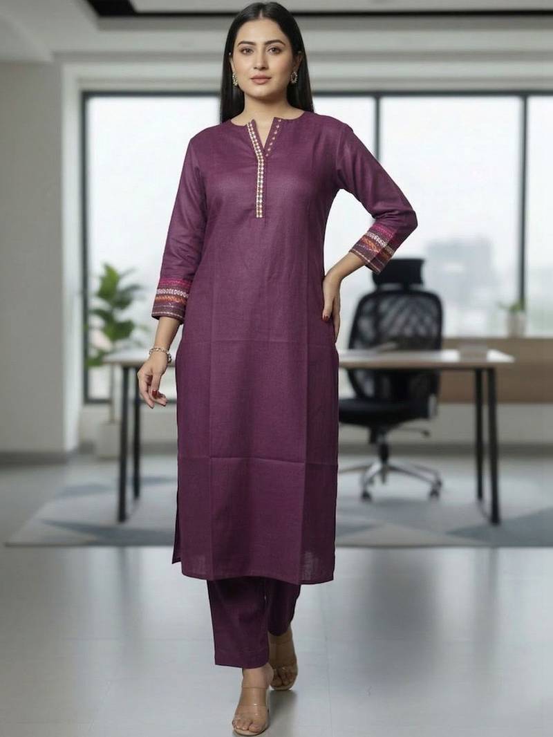 Women Embroidered Regular Thread Work Kurta with Trousers