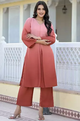 Ombre Dyed V-Neck Straight Kurta With Trousers
