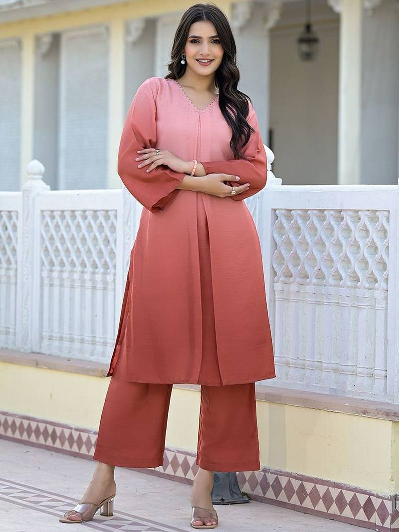 Ombre Dyed V-Neck Straight Kurta With Trousers