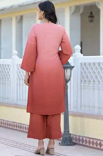 Ombre Dyed V-Neck Straight Kurta With Trousers