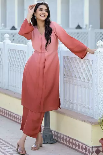 Ombre Dyed V-Neck Straight Kurta With Trousers