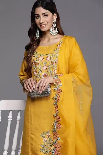 Floral Embroidered Thread Work Pure Silk Kurta with Trousers & Dupatta