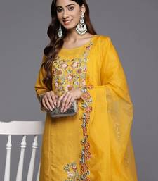 Floral Embroidered Thread Work Pure Silk Kurta with Trousers & Dupatta