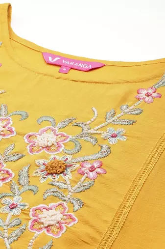 Floral Embroidered Thread Work Pure Silk Kurta with Trousers & Dupatta