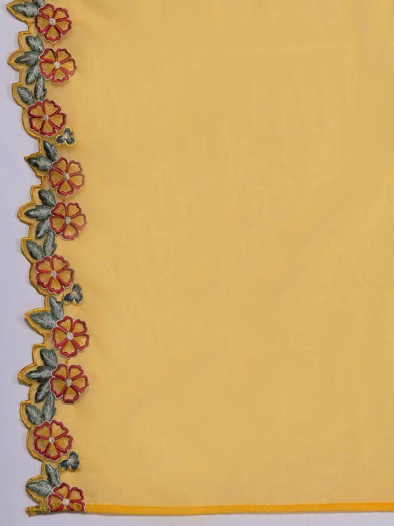 Floral Embroidered Thread Work Pure Silk Kurta with Trousers & Dupatta