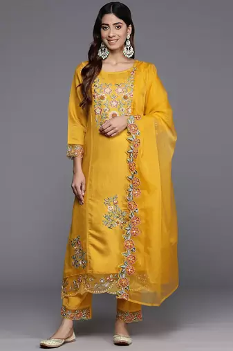 Floral Embroidered Thread Work Pure Silk Kurta with Trousers & Dupatta