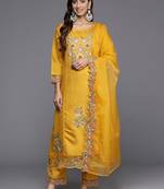Floral Embroidered Thread Work Pure Silk Kurta with Trousers & Dupatta