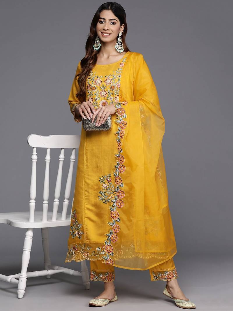 Floral Embroidered Thread Work Pure Silk Kurta with Trousers & Dupatta